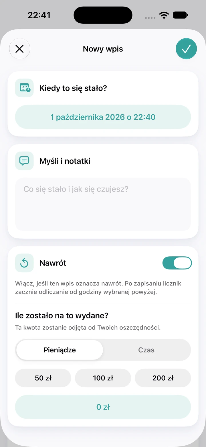 Nowy wpis w dzienniku: data i godzina, puste pole „Myśli i notatki”, włączony przełącznik „Nawrót” i pole na wydaną kwotę