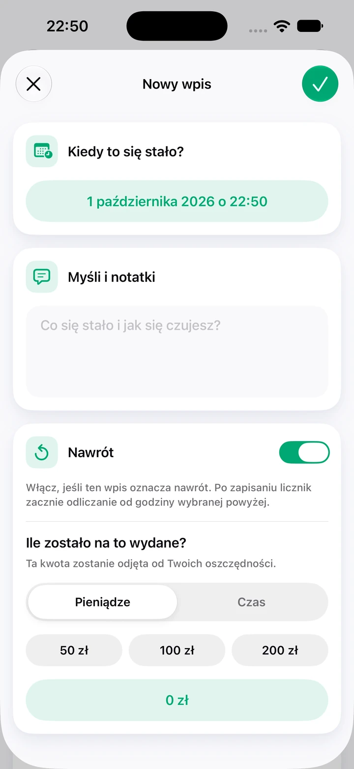 Nowy wpis w dzienniku: data i godzina, myśli i notatki, włączony przełącznik nawrotu i pole na wydane pieniądze