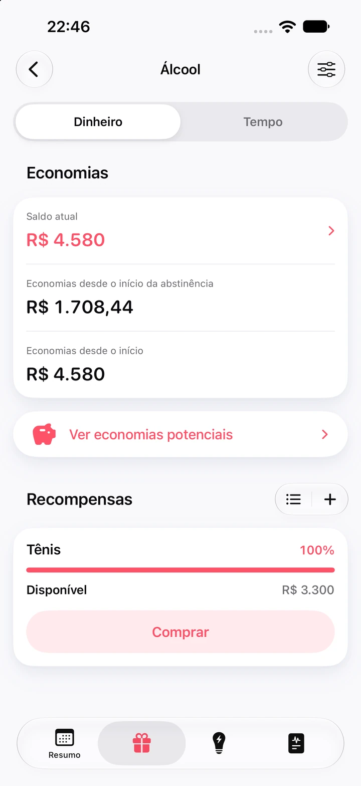 Tela de economias do hábito Álcool: saldo de R$ 4.580, R$ 1.708,44 economizados desde o início da abstinência e a recompensa Tênis de R$ 3.300 em 100%, com o botão Comprar