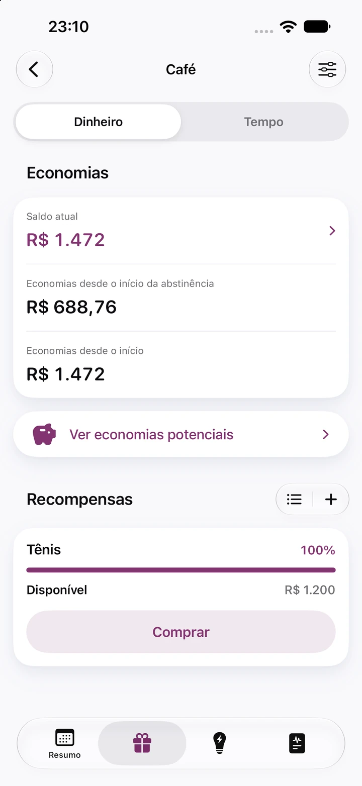 Tela de economias do hábito Café: saldo atual de R$ 1.472, R$ 688,76 economizados desde o início da abstinência e a recompensa Tênis de R$ 1.200 pronta para comprar