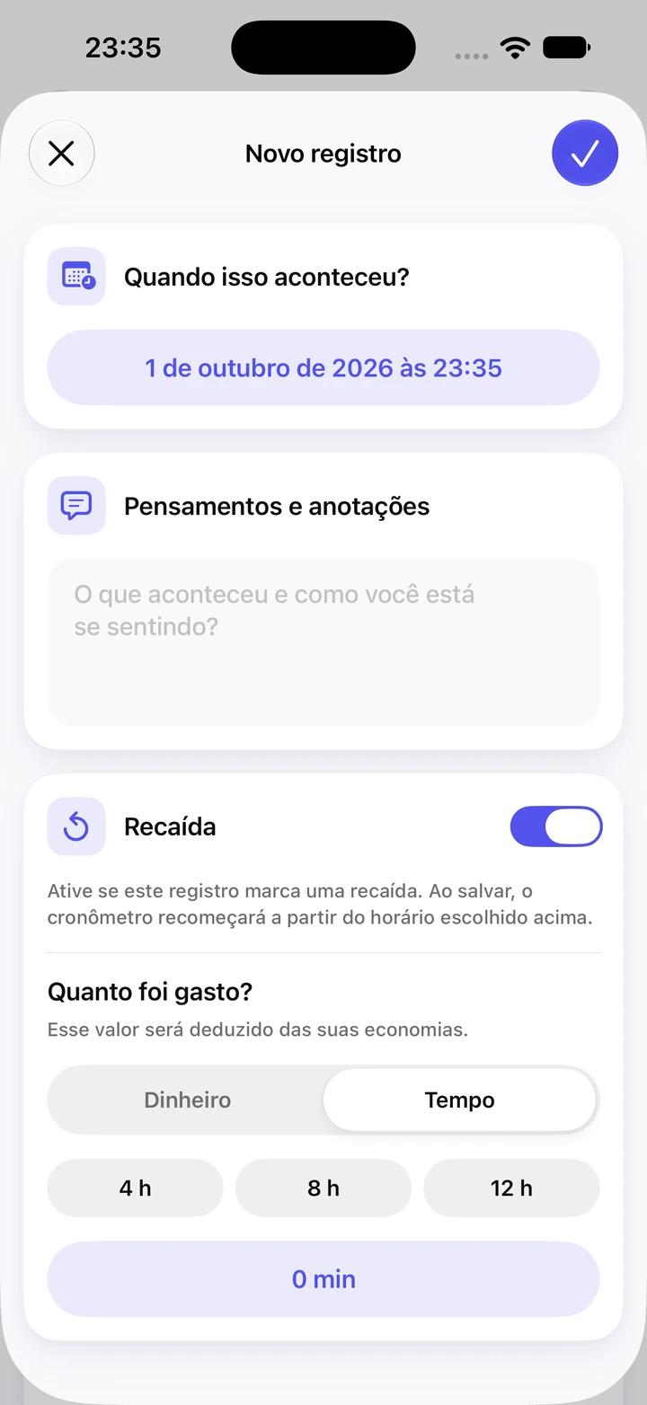 Novo registro no diário com a opção Recaída ativada, o campo Pensamentos e anotações vazio e um seletor de tempo gasto com opções de 4, 8 e 12 horas