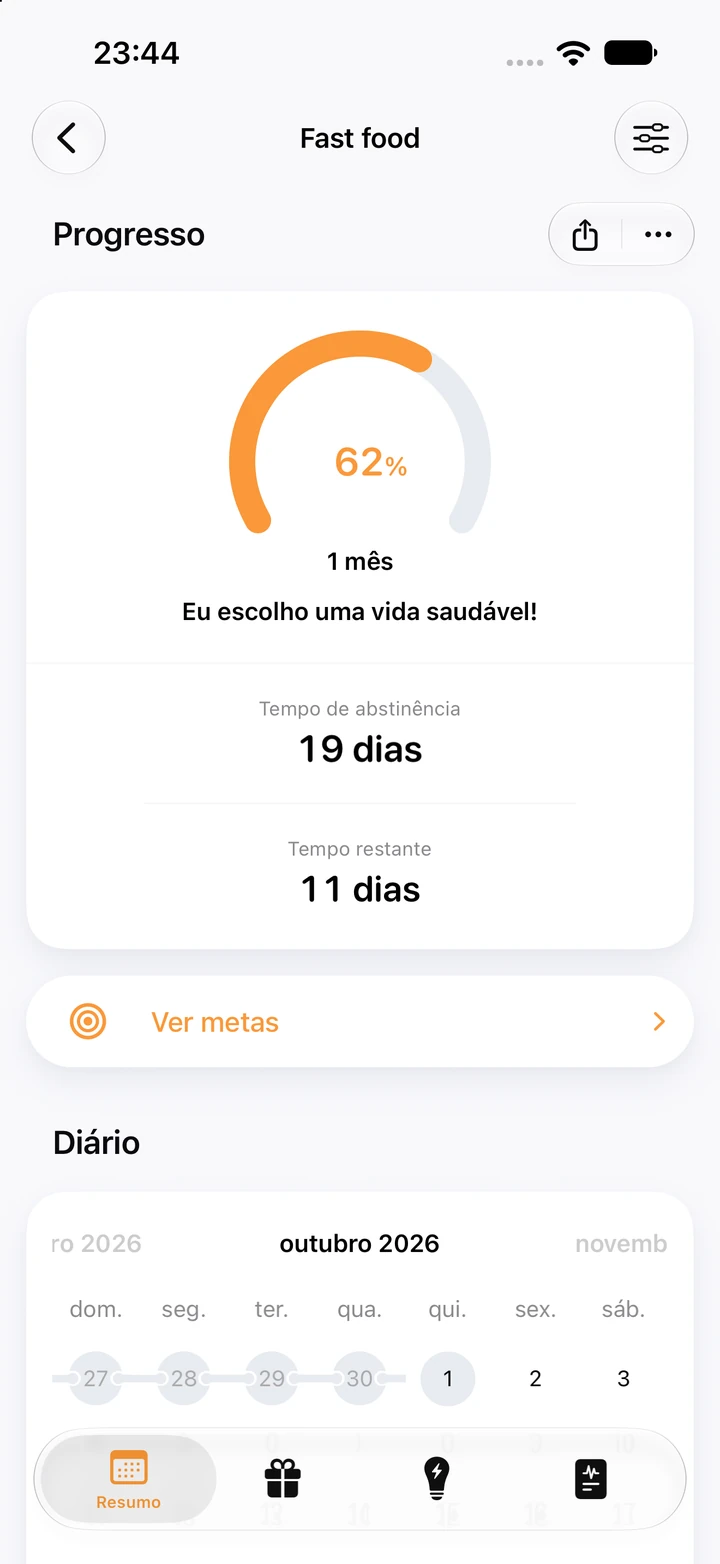 Tela de progresso do hábito Fast food: 62% da meta de 1 mês, 19 dias de abstinência e 11 dias restantes, com o calendário do diário abaixo
