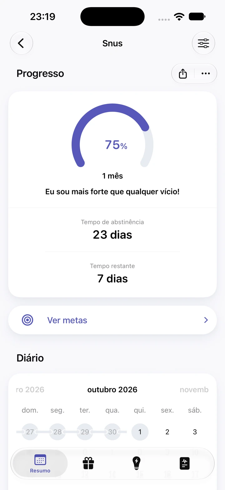 Tela de progresso do hábito Snus: 75% da meta de 1 mês, 23 dias de abstinência, 7 dias restantes e uma corrente de dias limpos no calendário do diário