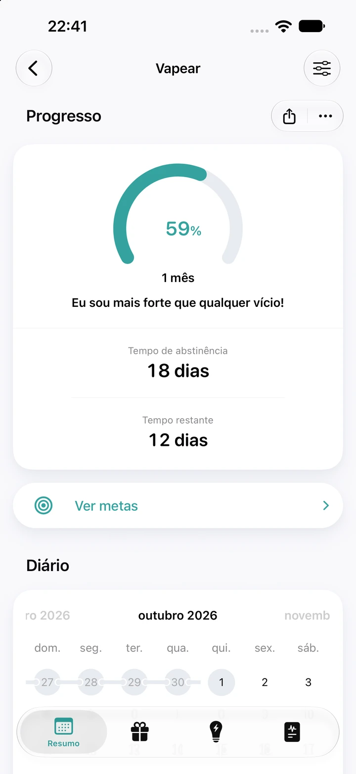 Tela de progresso do hábito Vapear: anel em 59% da meta de 1 mês, 18 dias de abstinência e 12 dias restantes