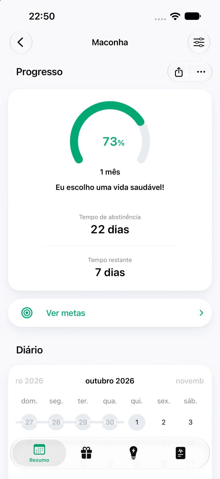Tela de progresso do hábito Maconha: 22 dias de abstinência e 73% da meta de 1 mês, com 7 dias restantes