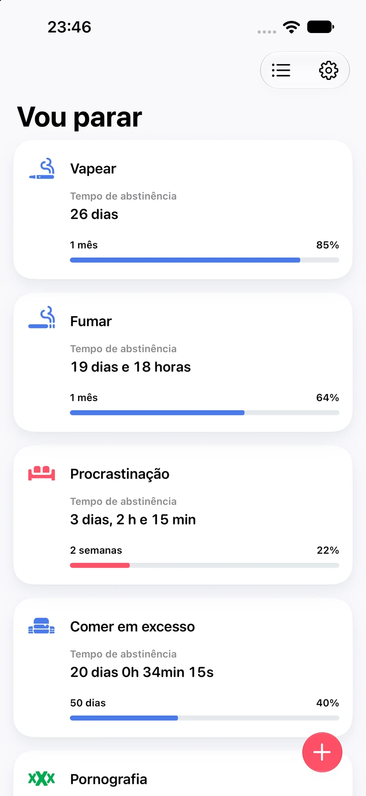 Tela principal do Quitzilla, Vou parar, com contadores de abstinência: 26 dias sem vape, 19 dias e 18 horas sem cigarro, 3 dias sem procrastinar e 20 dias sem comer em excesso