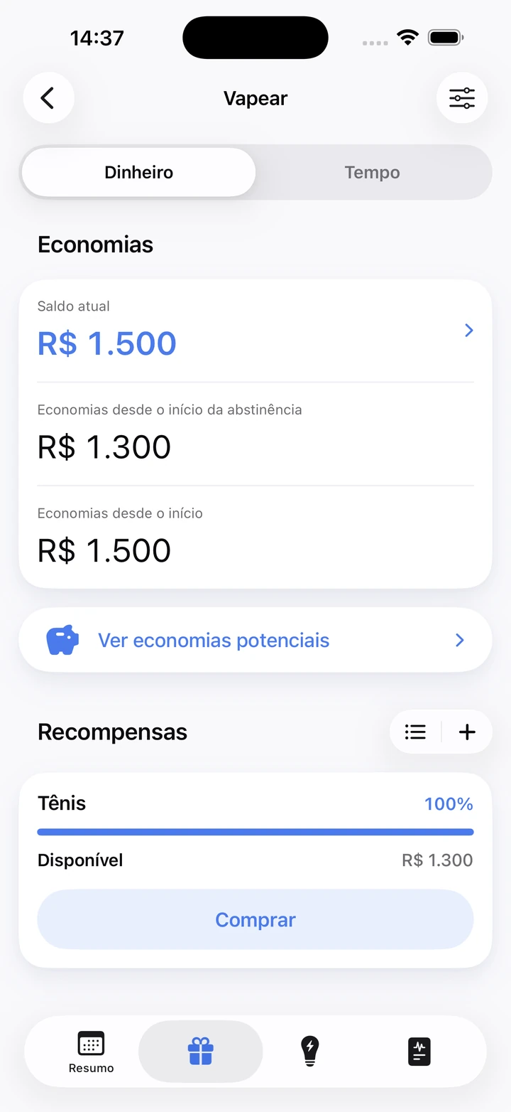 Tela de economias do vape com saldo atual de R$ 1.500 e a recompensa Tênis pronta para comprar