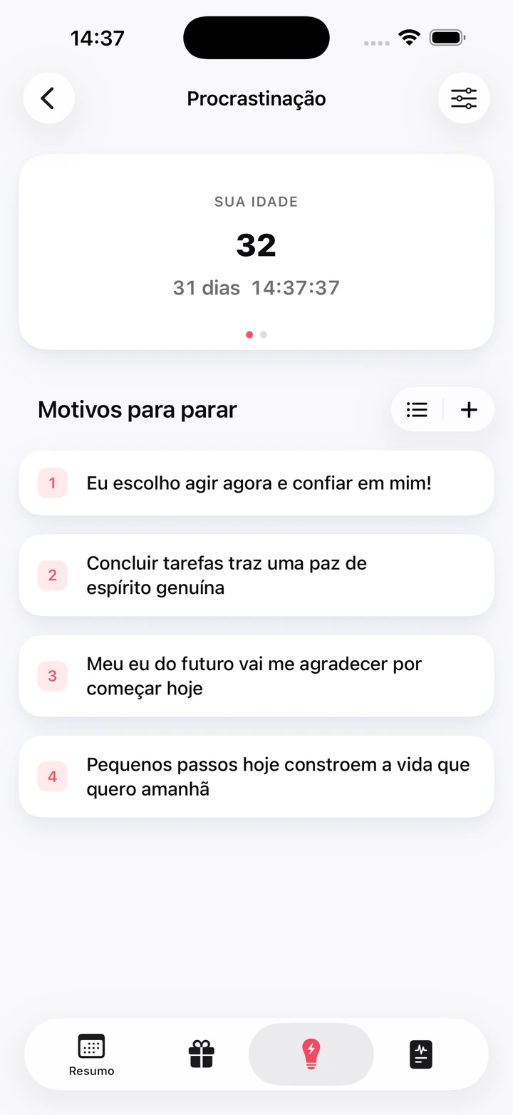 Lista de motivos pessoais para parar, abaixo de um contador que mostra sua idade