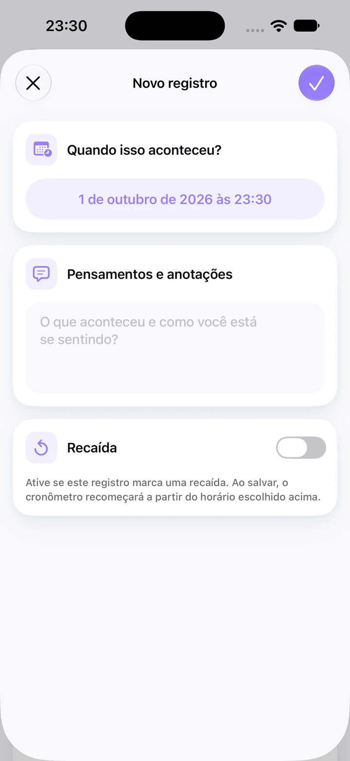 Novo registro no diário de Roer unhas, de 1 de outubro de 2026 às 23:30, com o campo Pensamentos e anotações vazio e a opção Recaída desativada
