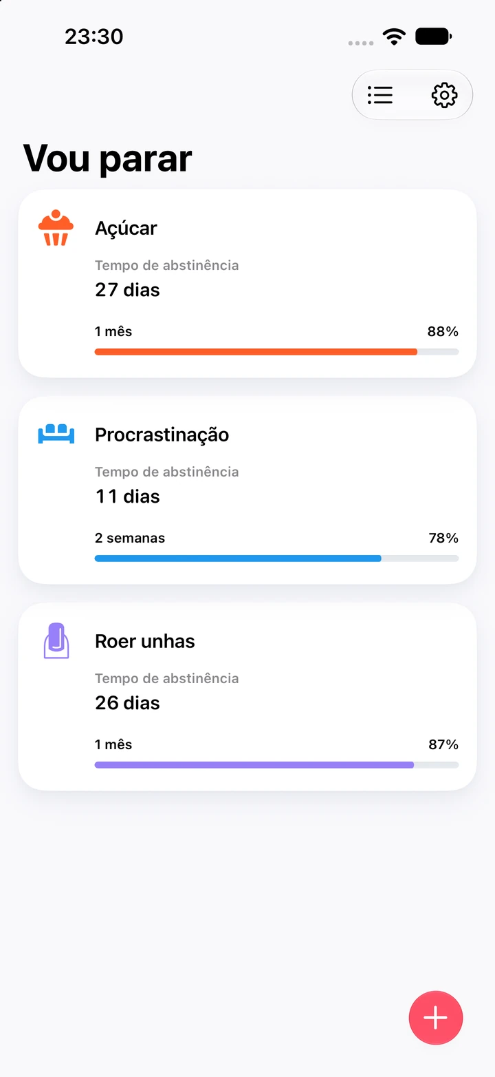 Lista de hábitos do Quitzilla com o título Vou parar: Roer unhas com 26 dias e 87% da meta de 1 mês e, acima, Açúcar com 27 dias e Procrastinação com 11 dias