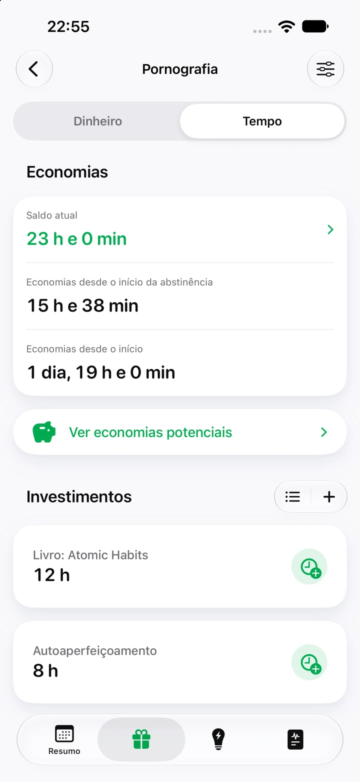 Aba Tempo do hábito Pornografia: saldo de 23 horas, 15 h e 38 min economizados desde o início da abstinência e horas investidas em um livro e em autoaperfeiçoamento