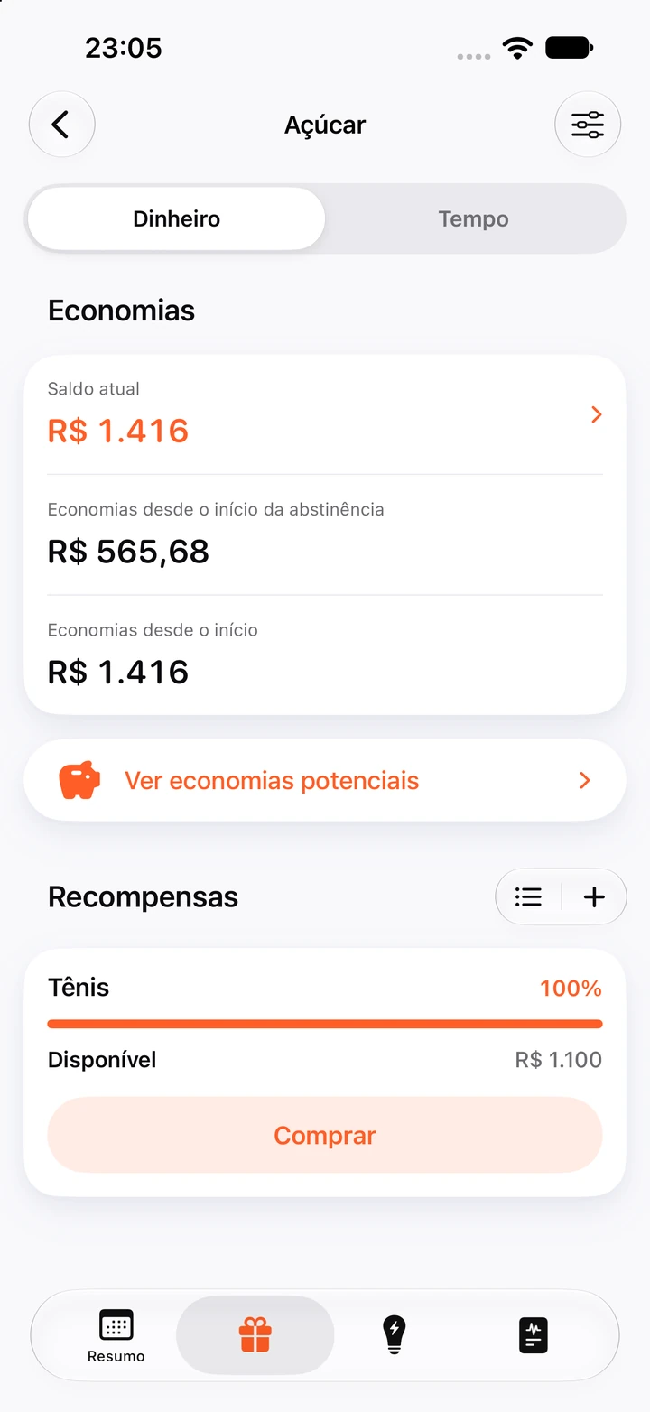Tela de economias do hábito Açúcar: saldo atual de R$ 1.416, com a recompensa Tênis de R$ 1.100 em 100% e pronta para comprar