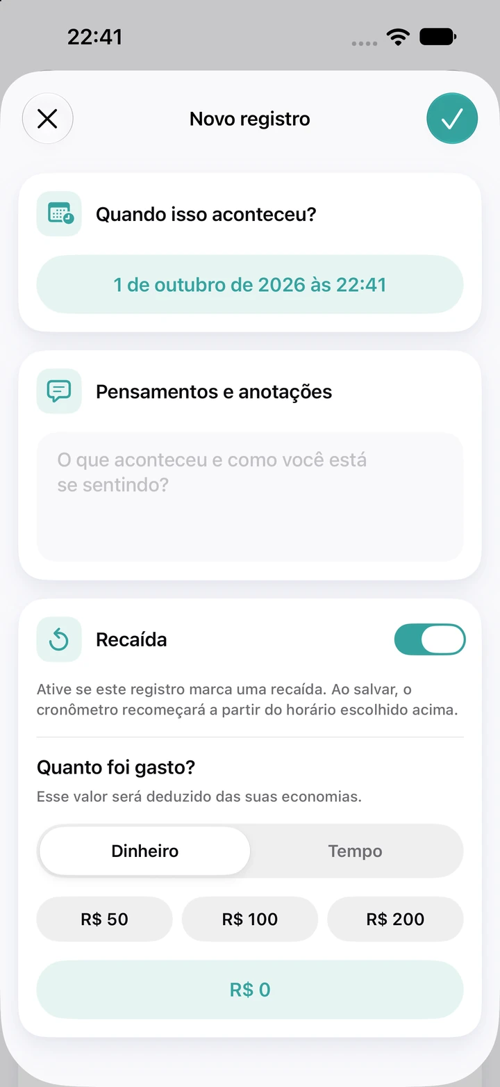 Novo registro no diário: data e hora, o campo Pensamentos e anotações vazio, a opção Recaída ativada e um campo para quanto foi gasto