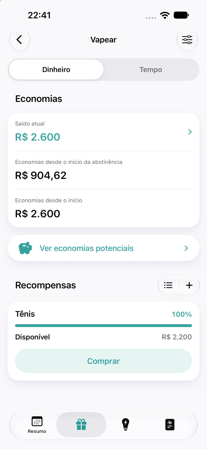 Aba Dinheiro do hábito Vapear: saldo atual de R$ 2.600, R$ 904,62 economizados desde o início da abstinência e a recompensa Tênis de R$ 2.200 em 100%, pronta para comprar
