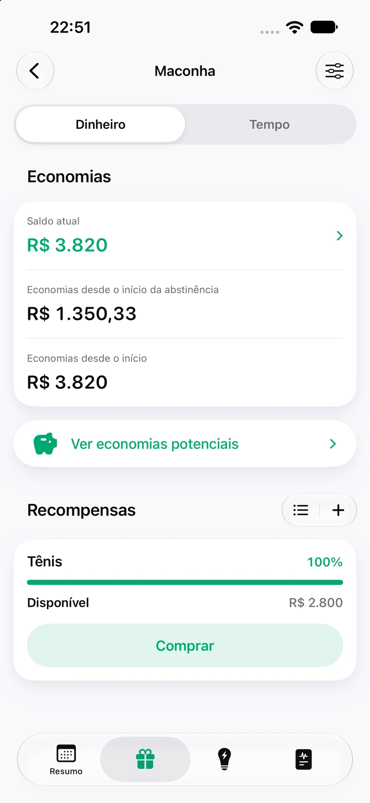 Tela de economias do hábito Maconha: saldo atual de R$ 3.820, R$ 1.350,33 economizados desde o início da abstinência e a recompensa Tênis de R$ 2.800 pronta para comprar