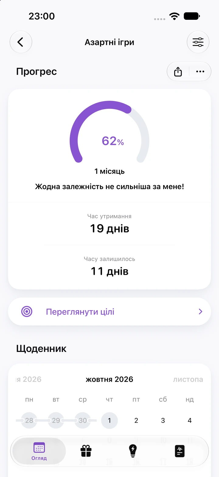 Екран прогресу Quitzilla для звички «Азартні ігри»