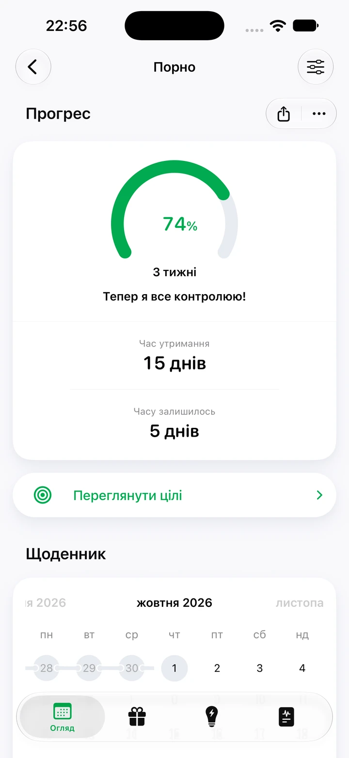 Екран прогресу Quitzilla для звички «Порно»