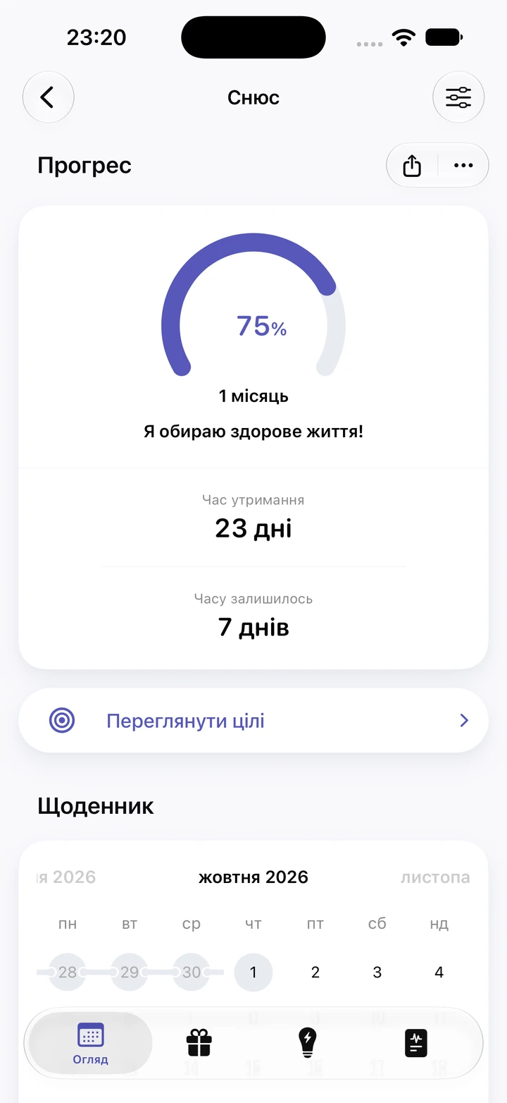 Екран прогресу Quitzilla для звички «Снюс»