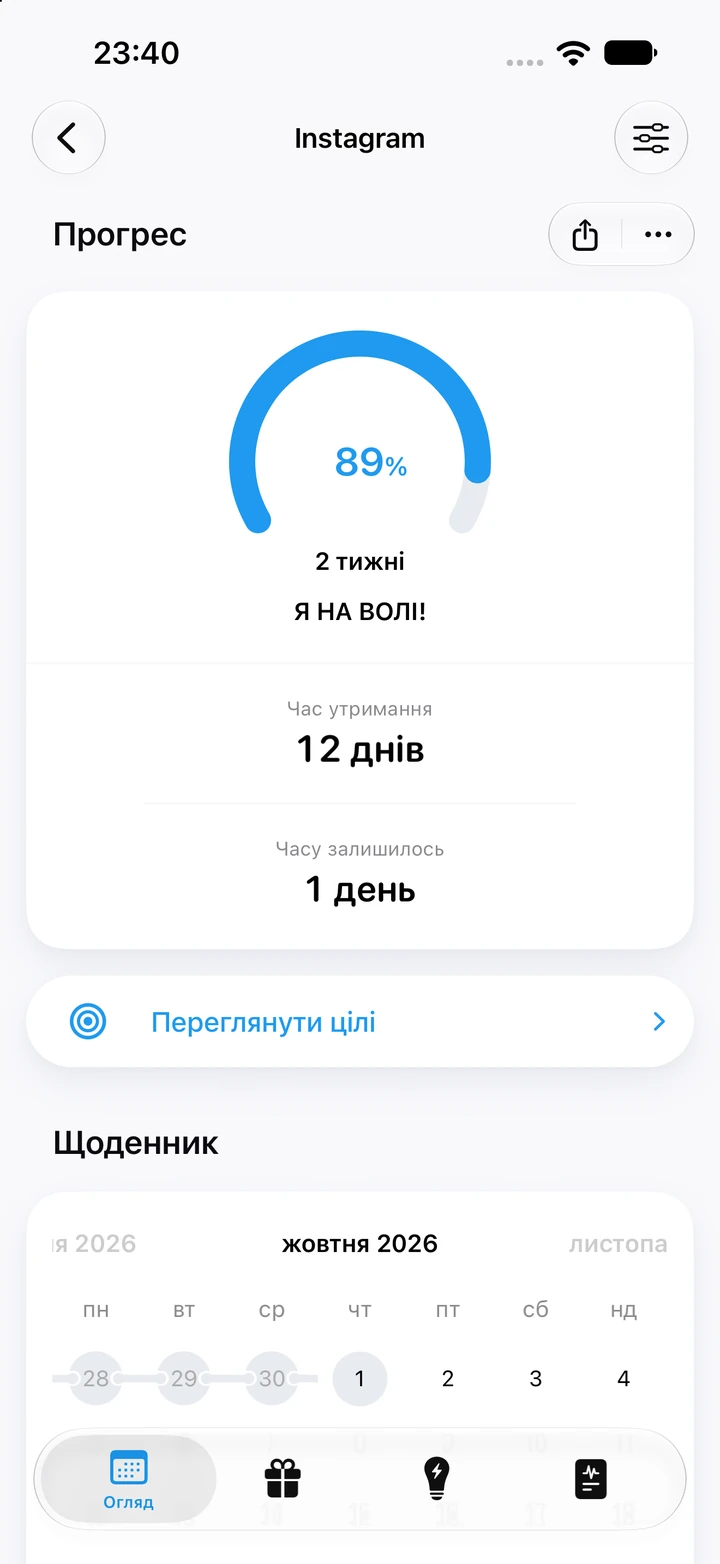 Екран прогресу Quitzilla для звички «Соцмережі»