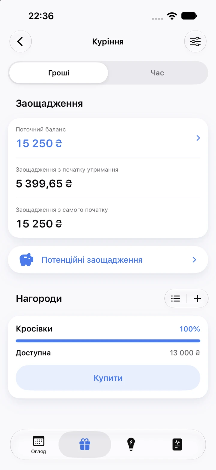 Екран заощаджень для куріння: баланс 15 250 ₴ і нагорода «Кросівки», яку вже можна купити